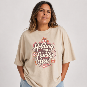 “Holding My Family Close” (Soft Pink Design on Sand Tee)