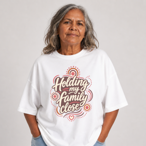 “Holding My Family Close” (Soft Pink Design on White Tee)